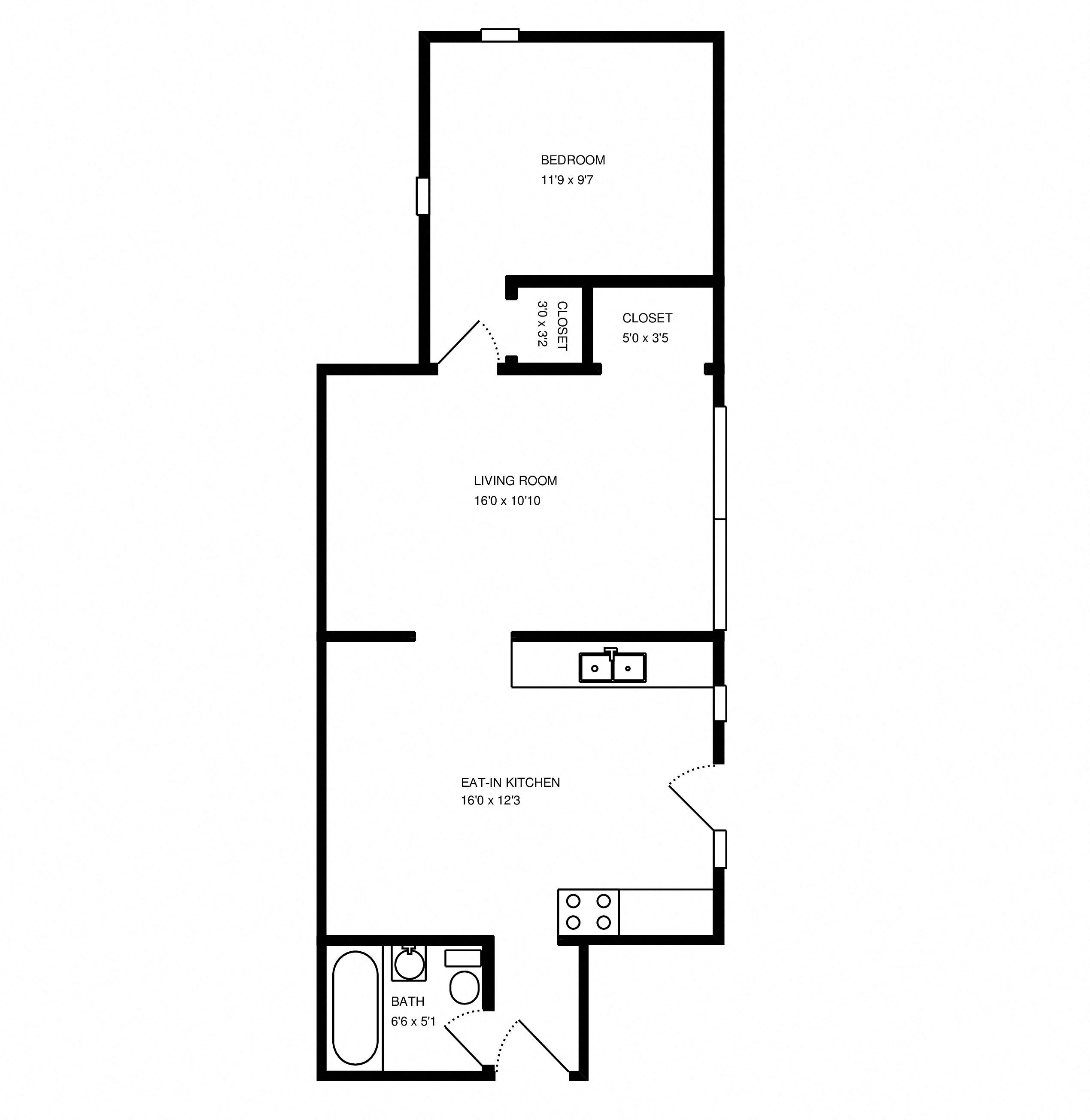 Floor plan for 1 bed, 1 bath, 546 sqft